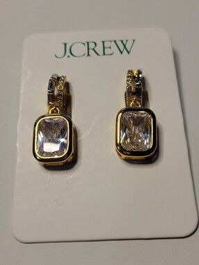 J.Crew Nwt  Bezel Set Gold-Tone Clear Crystal Huggie Hoop Emerald Cut Earrings